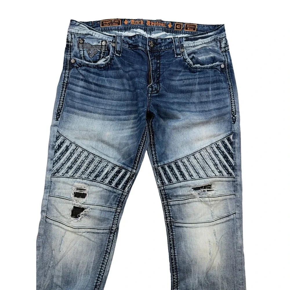 Rock Revival Men's Wilkins Biker Jeans Factory Distressed Paint Spots Size 42